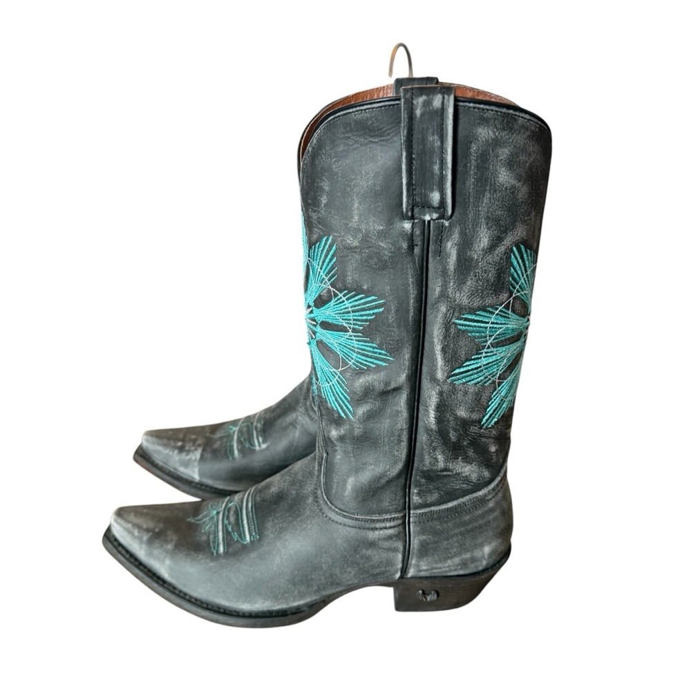 Eight Second Angel Leather Snip Toe Cheyenne Cowgirl Boots Gray and Turquoise 10 - Picture 3 of 10